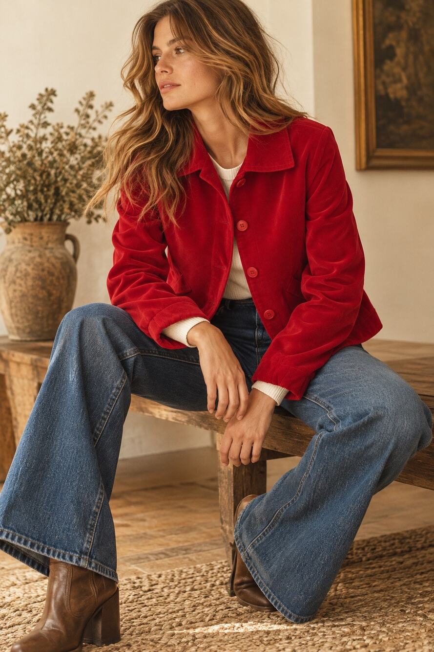 Vintage 1970s Gino Rossi Red Velvet Jacket Women’s Medium Retro Mod